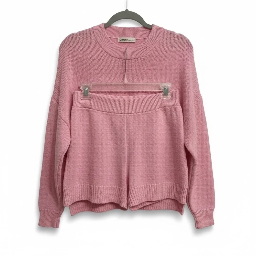Zenana Pink Waffle Knit 2 Piece Lounge Set Sweater and Shorts Womens Sm Casual - Picture 3 of 4